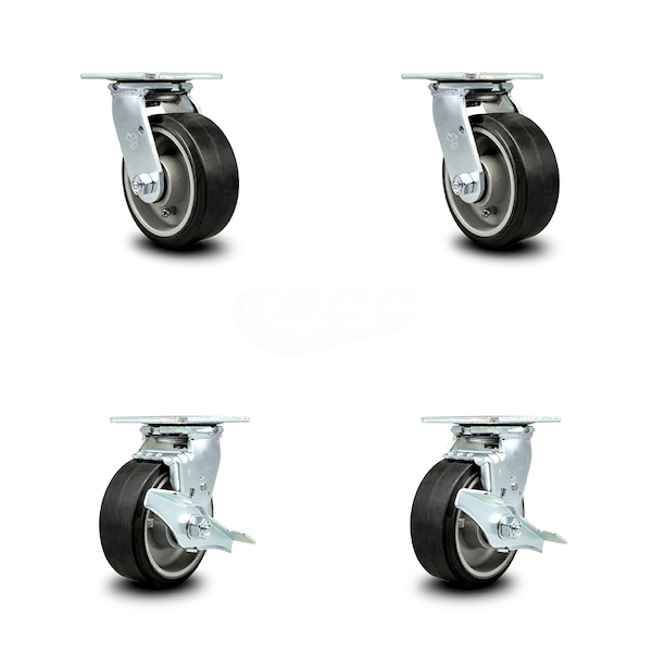 5 Inch Rubber on Aluminum Swivel Caster Set with Roller Bearing 2 Brake SCC